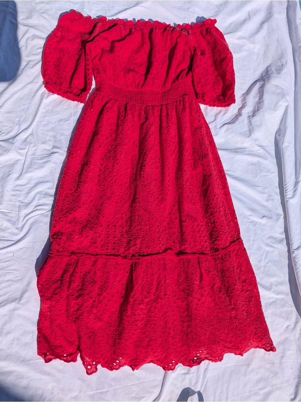 Betsey Johnson Bright Red Off-Shoulder Eyelet Maxi Dress